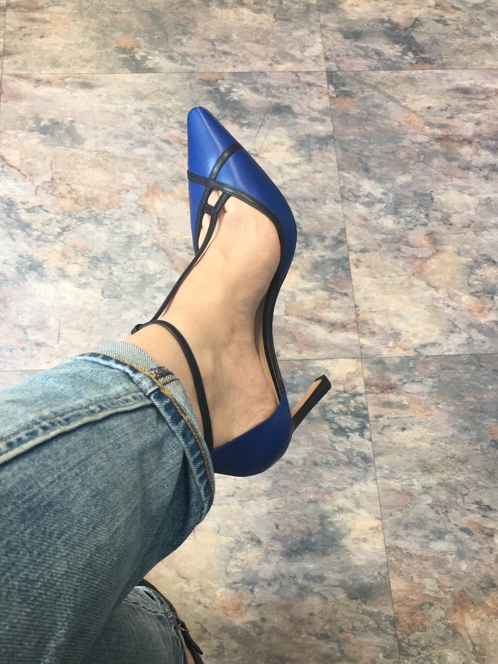 Pura Lopez Blue Pointed T-Strap Pumps with Black Trim